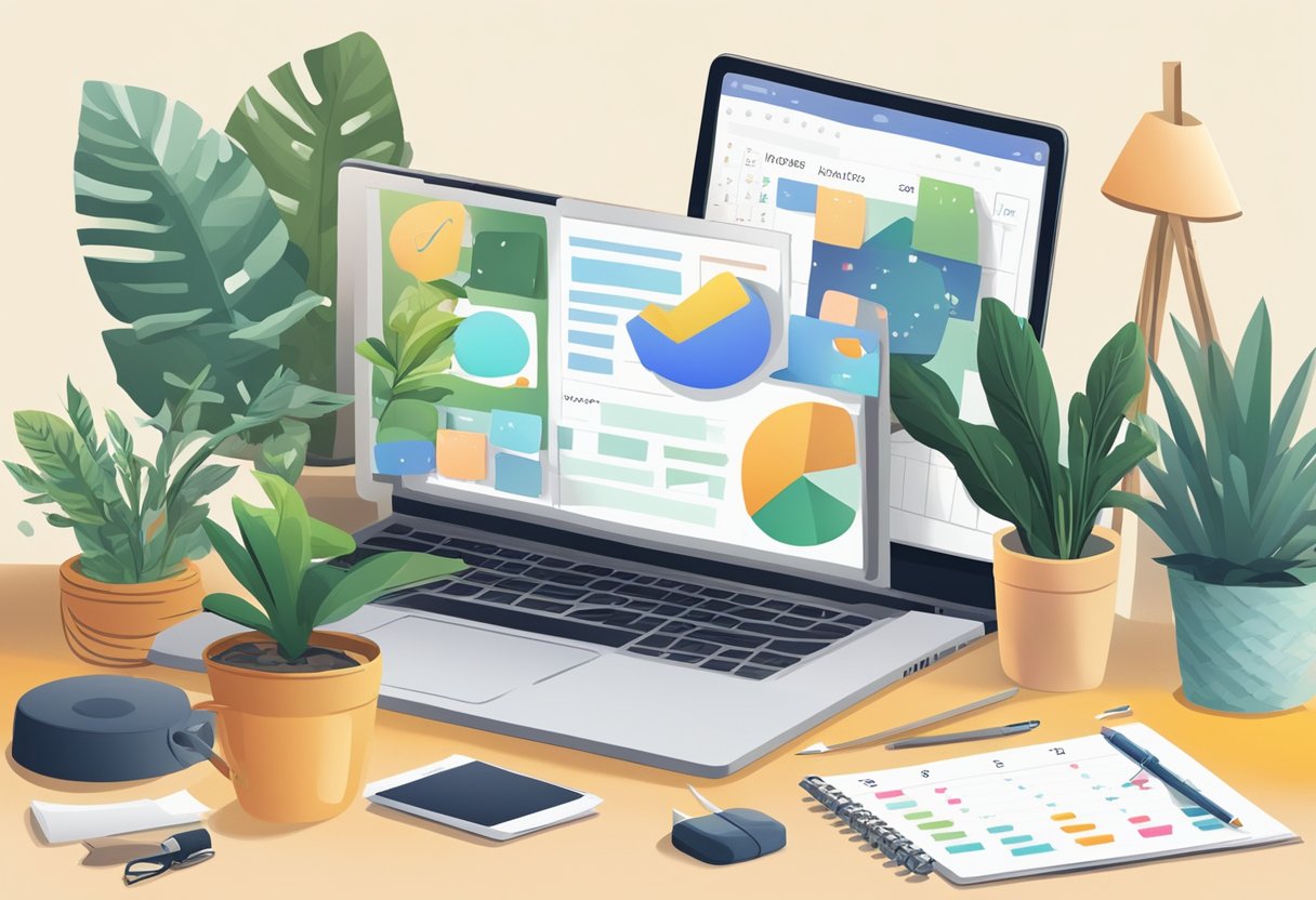 A laptop open on a desk, surrounded by plants and art supplies. A calendar with marked deadlines. A steady stream of online engagement and sales notifications