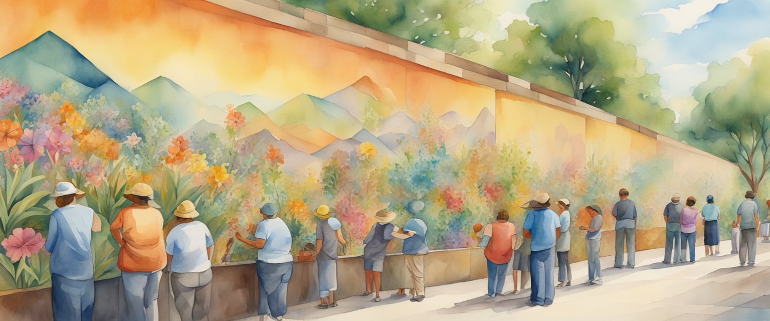 A group of mural painters work on a large outdoor wall, showcasing vibrant colors and intricate designs, while onlookers admire their talent