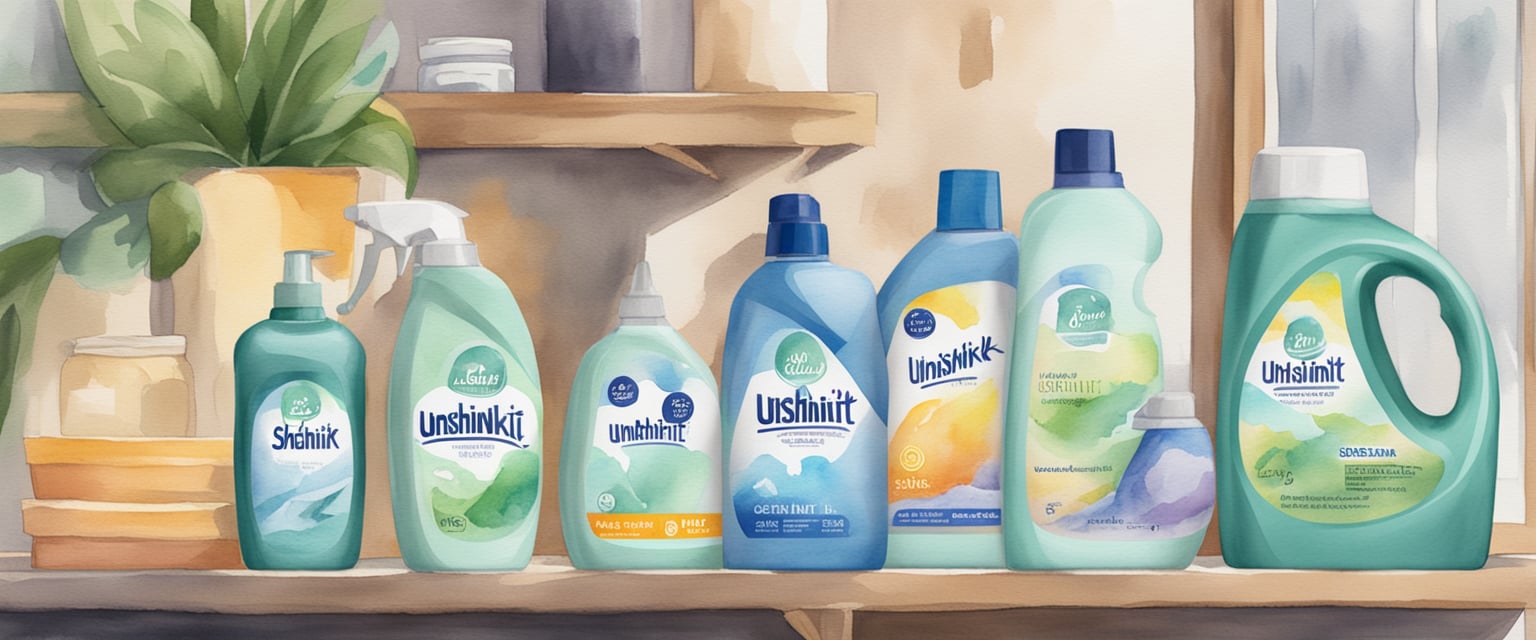 A bottle of Unshrinkit sits on a store shelf, surrounded by other laundry products. A "Shark Tank" logo is displayed prominently on the packaging