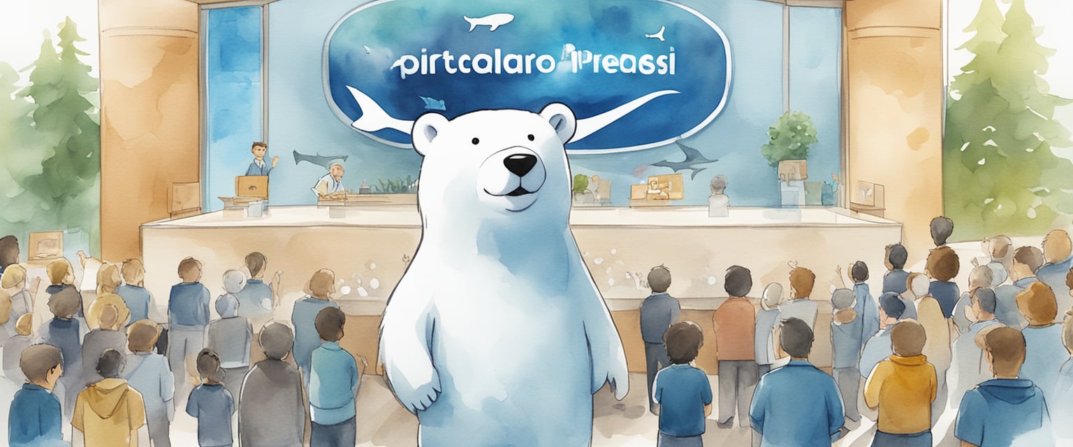 A polar bear mascot stands proudly next to a "Shark Tank" logo, surrounded by excited onlookers and a banner reading "PolarPro Update."