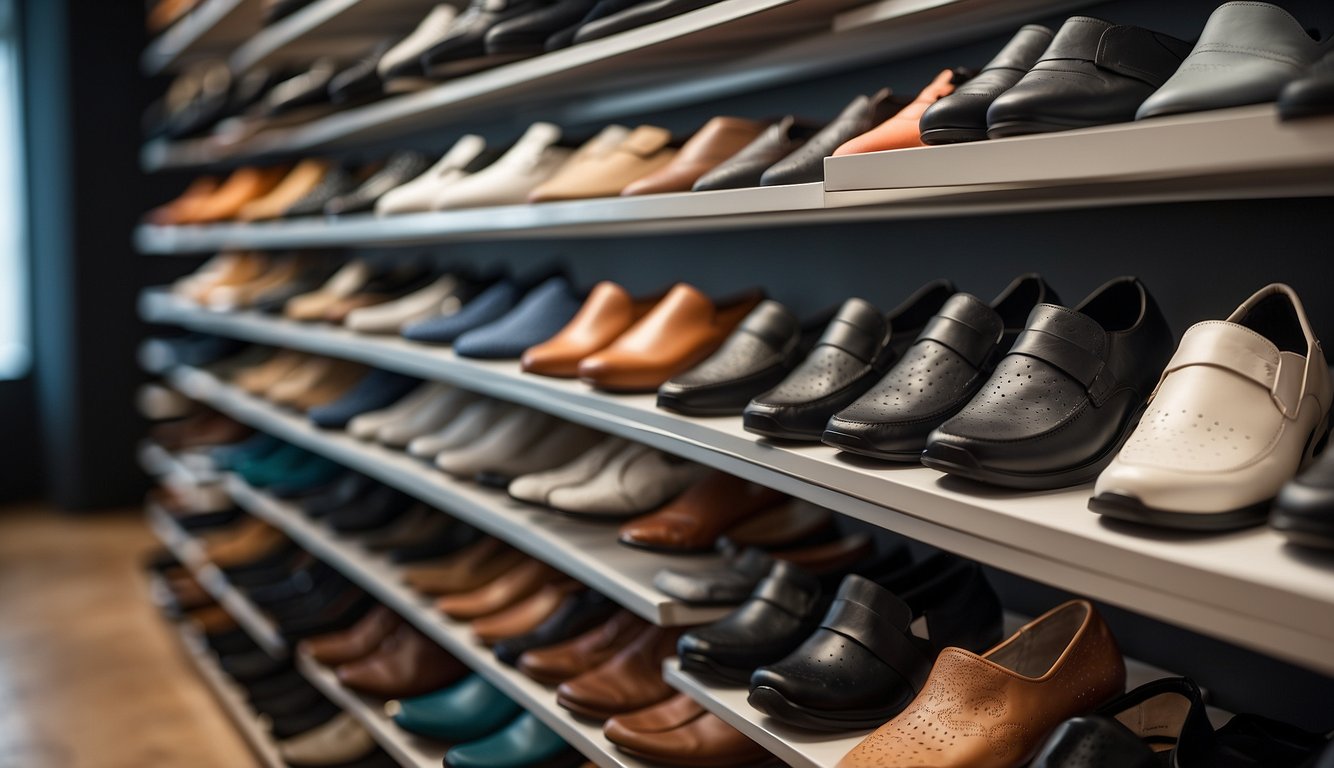 A pair of orthotics lies on a sleek, modern shoe rack, surrounded by various types of footwear. The orthotics are made of durable, flexible material and feature a contoured shape designed for optimal support and comfort
