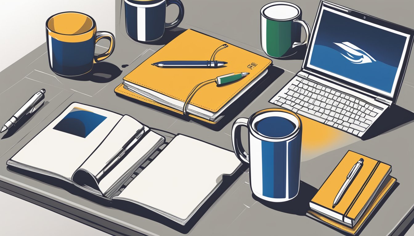 A table displaying various corporate gifts, including branded mugs, pens, and notebooks. A company logo is prominently featured on each item