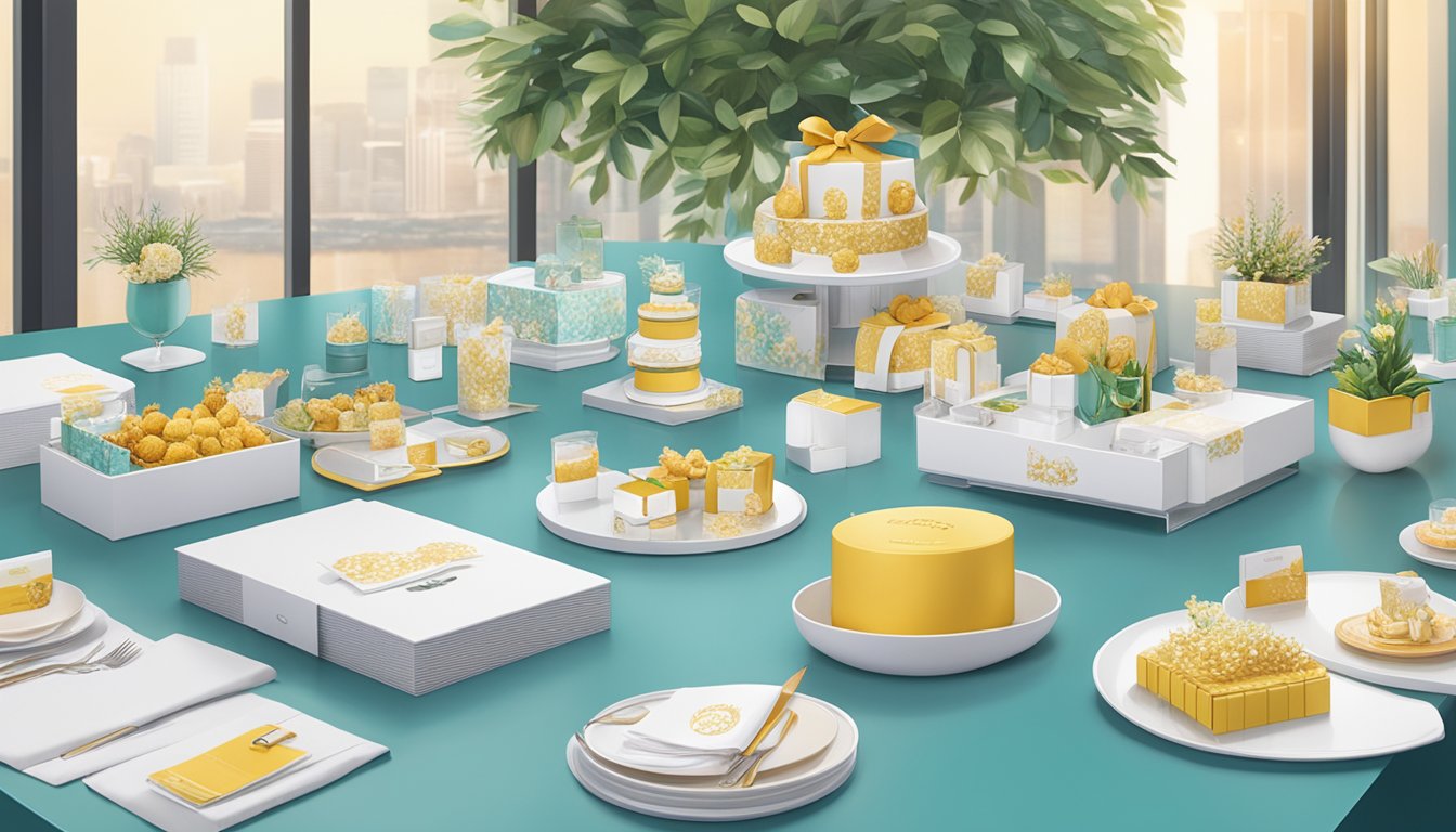 A table adorned with elegant corporate gifts from HoneySpree Pte Ltd. Branded merchandise displayed in a professional setting