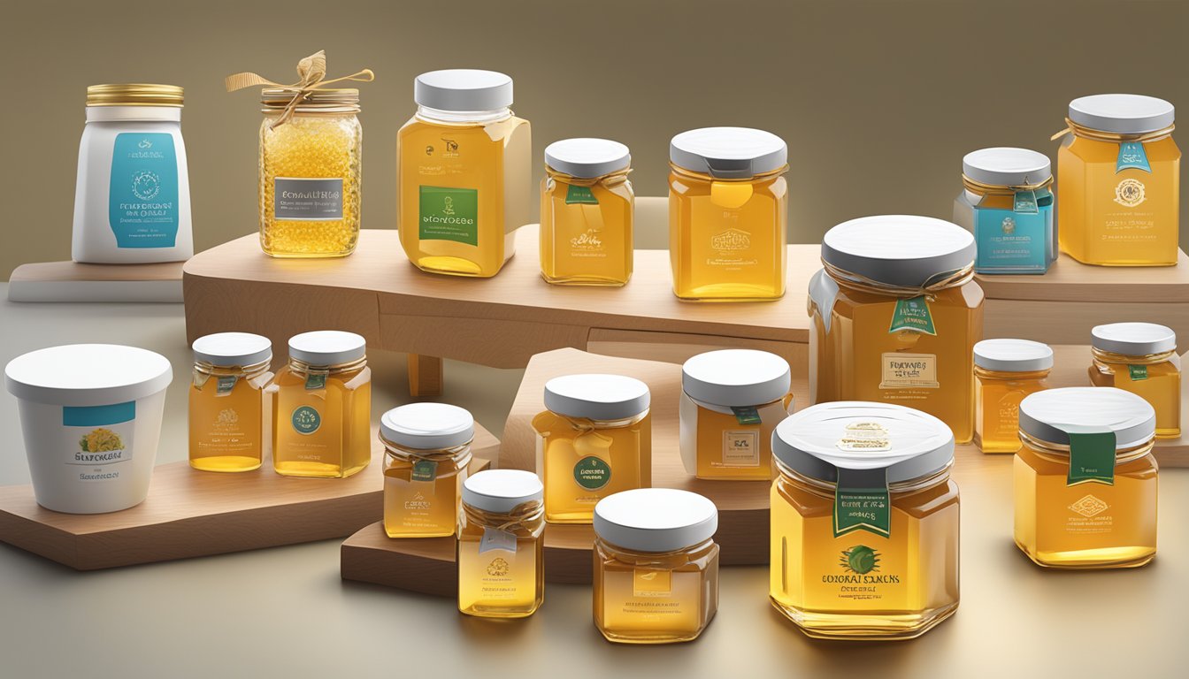 A table displays various corporate gifts, including branded honey jars, gift baskets, and custom packaging