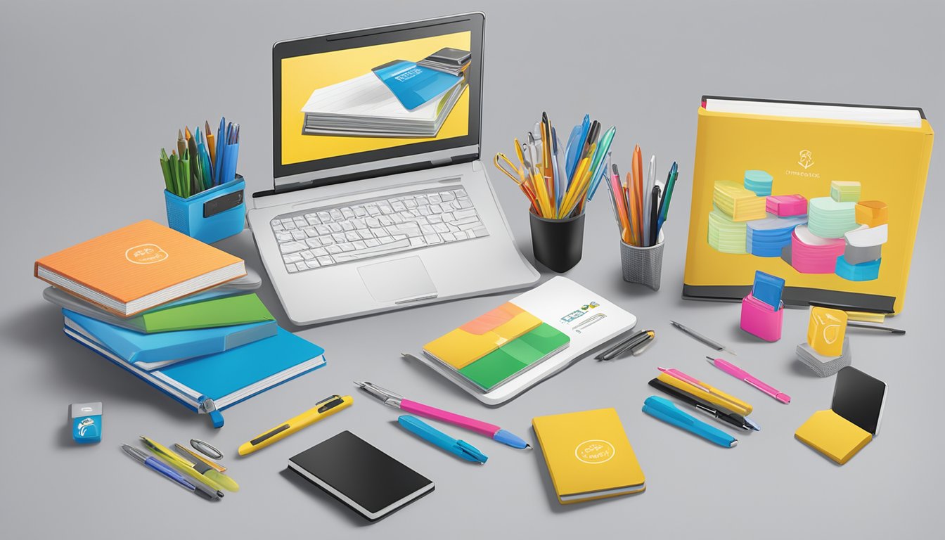 A table displays a variety of branded corporate gifts, including custom pens, notebooks, and electronic gadgets. A sign highlights "Pricing and Value" for HoneySpree Pte Ltd