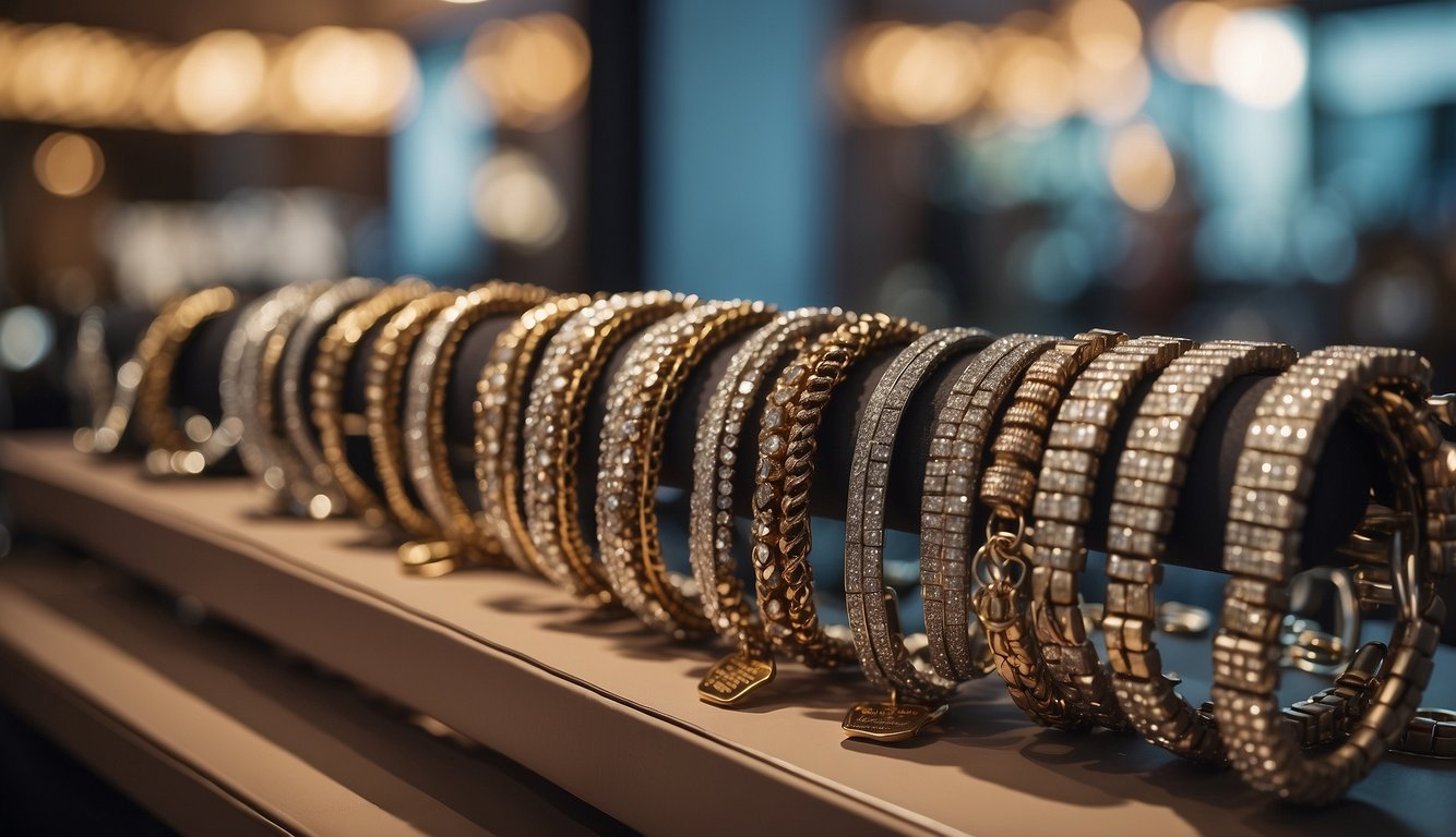 A display of elegant bracelets with price tags, next to a sign reading "Affordable Alternatives" at a boutique