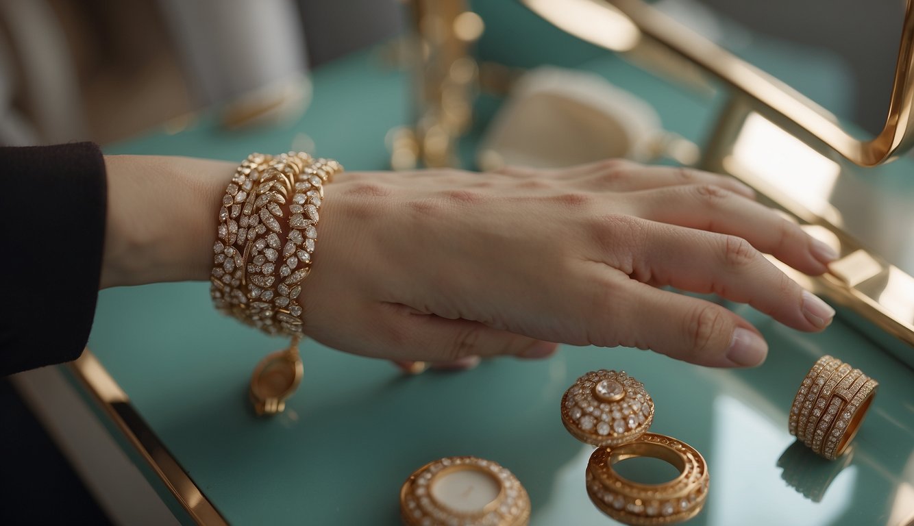 A hand reaches for a Van Cleef bracelet dupe, surrounded by other stylish accessories on a vanity table