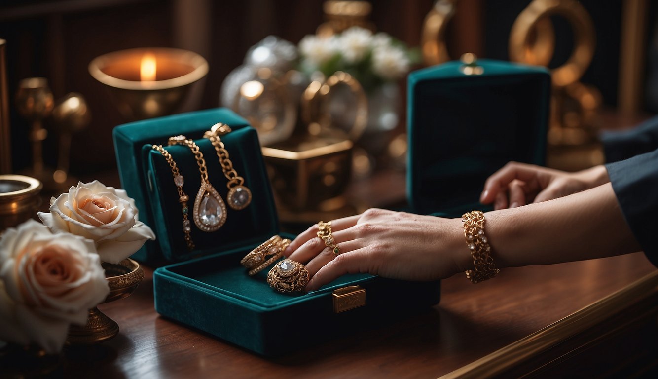 A hand reaches into a jewelry box, carefully placing a faux Van Cleef bracelet next to other imitation pieces on a velvet-lined tray