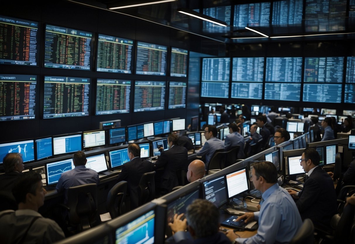 A bustling stock exchange floor with traders monitoring screens displaying MARA stocktwits. Charts and graphs adorn the walls, showing current market trends