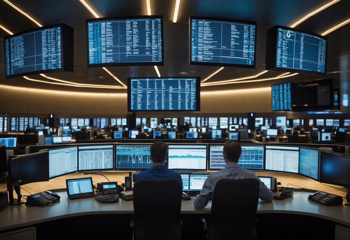 A bustling trading floor with digital screens displaying stock data and a large "mara stock stocktwits" logo on the wall