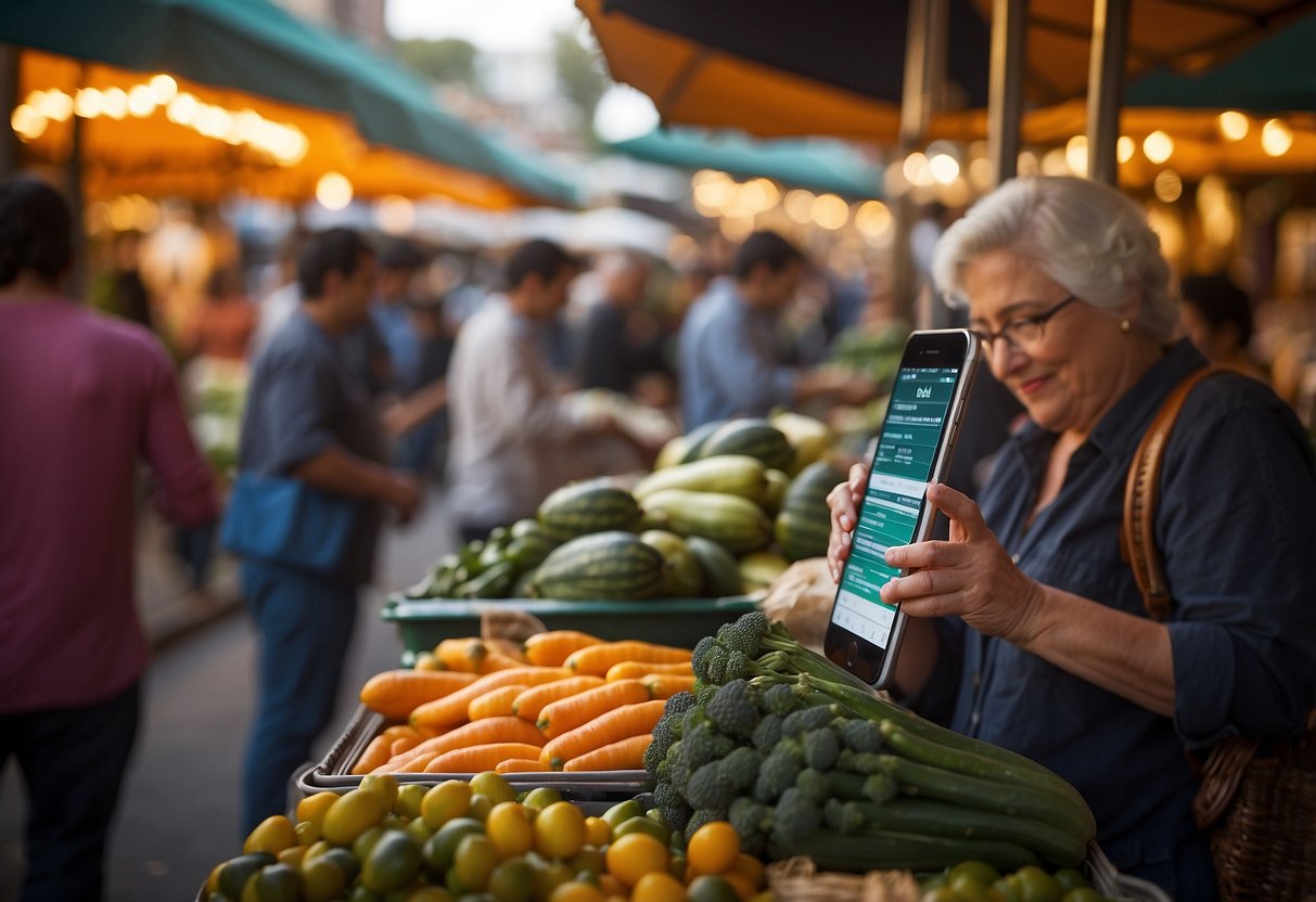 MARA's market stall bustles with activity as people check stock prices on their phones. The stocktwits logo is prominently displayed, and the mara stock price fluctuates on a digital display