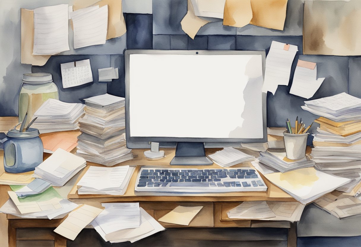 A cluttered desk with scattered papers and overflowing to-do lists