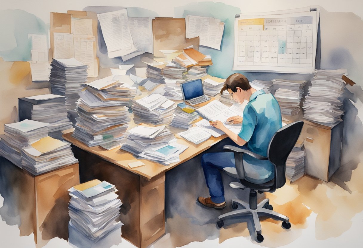 A cluttered desk with piles of papers, scattered office supplies, and a calendar filled with deadlines. A person sits with a furrowed brow, surrounded by chaos