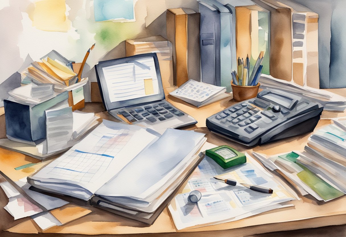 A cluttered desk with papers, folders, and a calendar. A clock ticking, a computer screen displaying a long to-do list. Phone constantly ringing