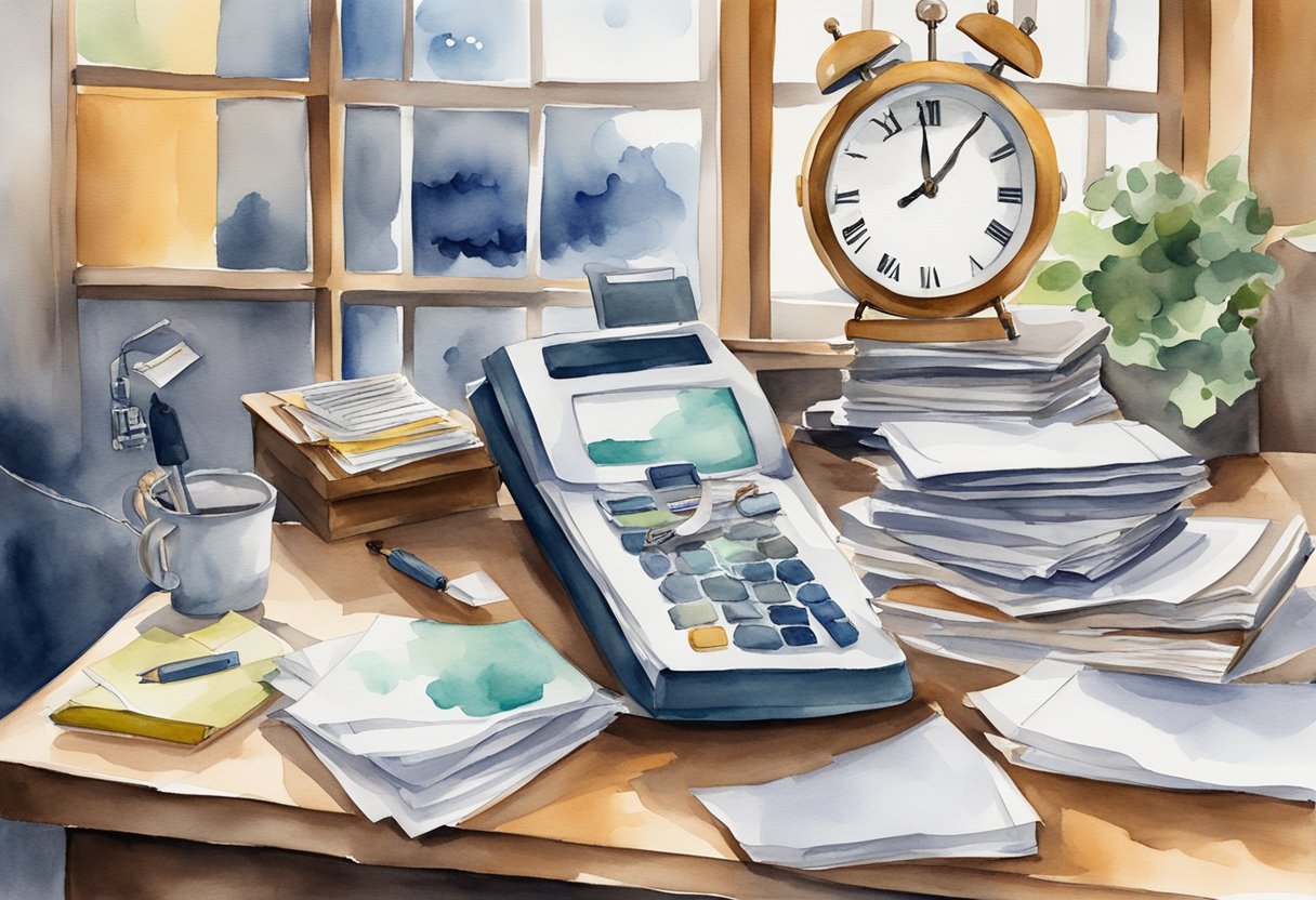 A cluttered desk with papers, files, and scattered office supplies. A clock ticking loudly. A phone ringing incessantly. The window showing a storm outside