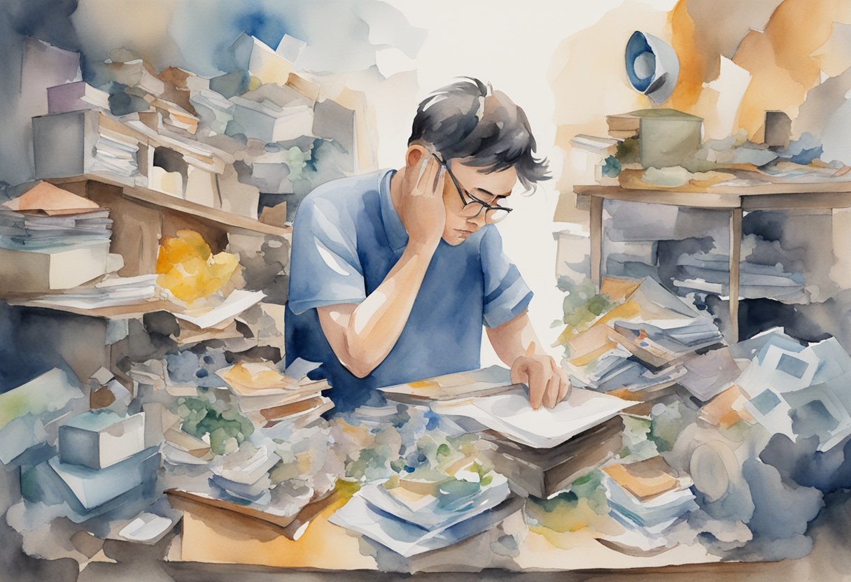 A person surrounded by clutter, with a cluttered mind and a heavy workload, feeling overwhelmed and stressed