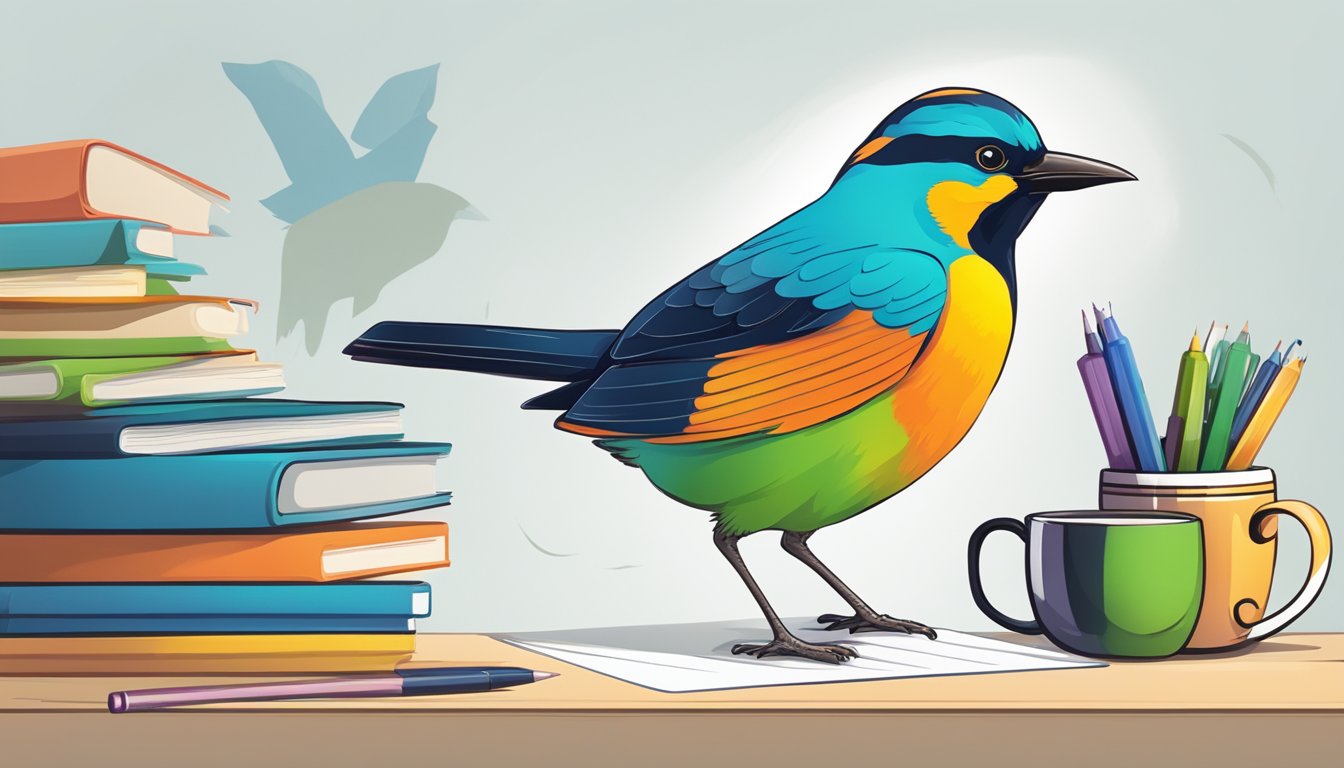 A colorful bird perched on a branch, surrounded by various corporate gifts such as pens, mugs, and notebooks. The Happybird Pte Ltd logo is displayed prominently in the background