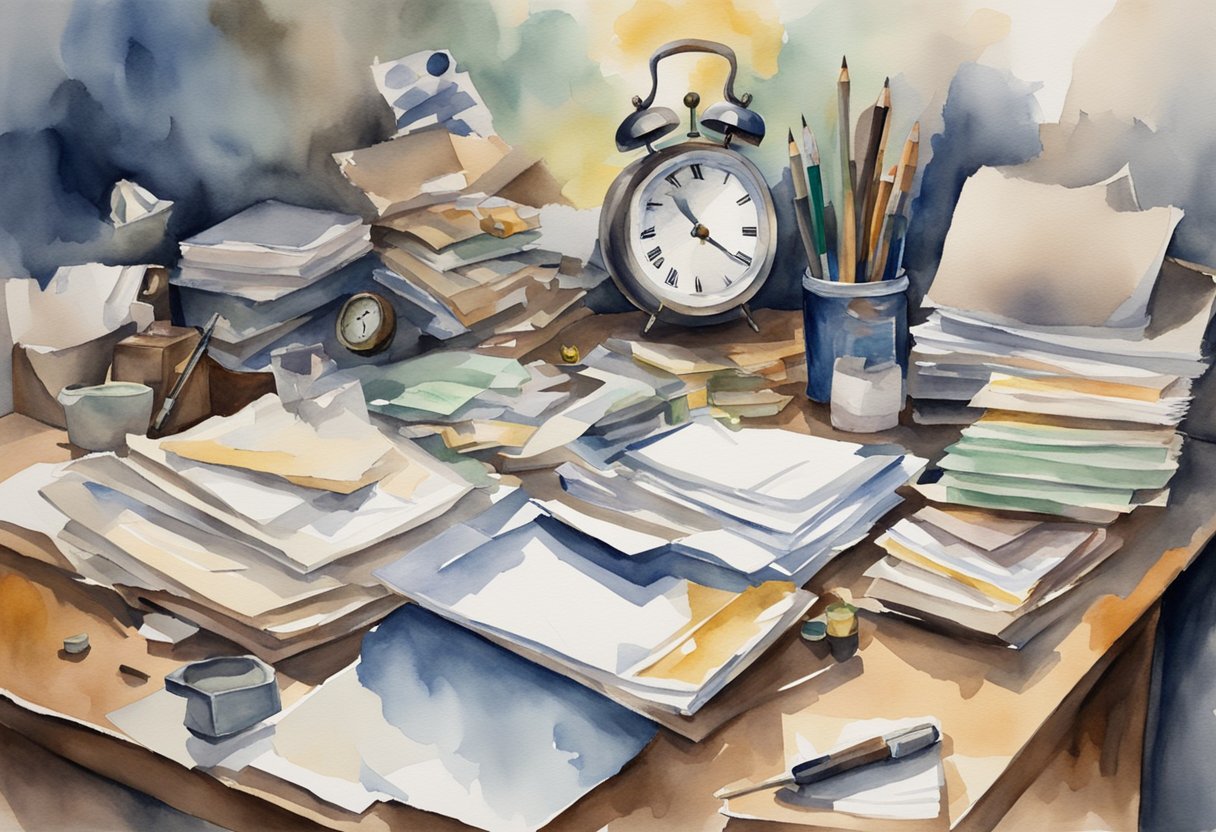 A cluttered desk with scattered papers and a ticking clock, a person with a furrowed brow and a deep sigh