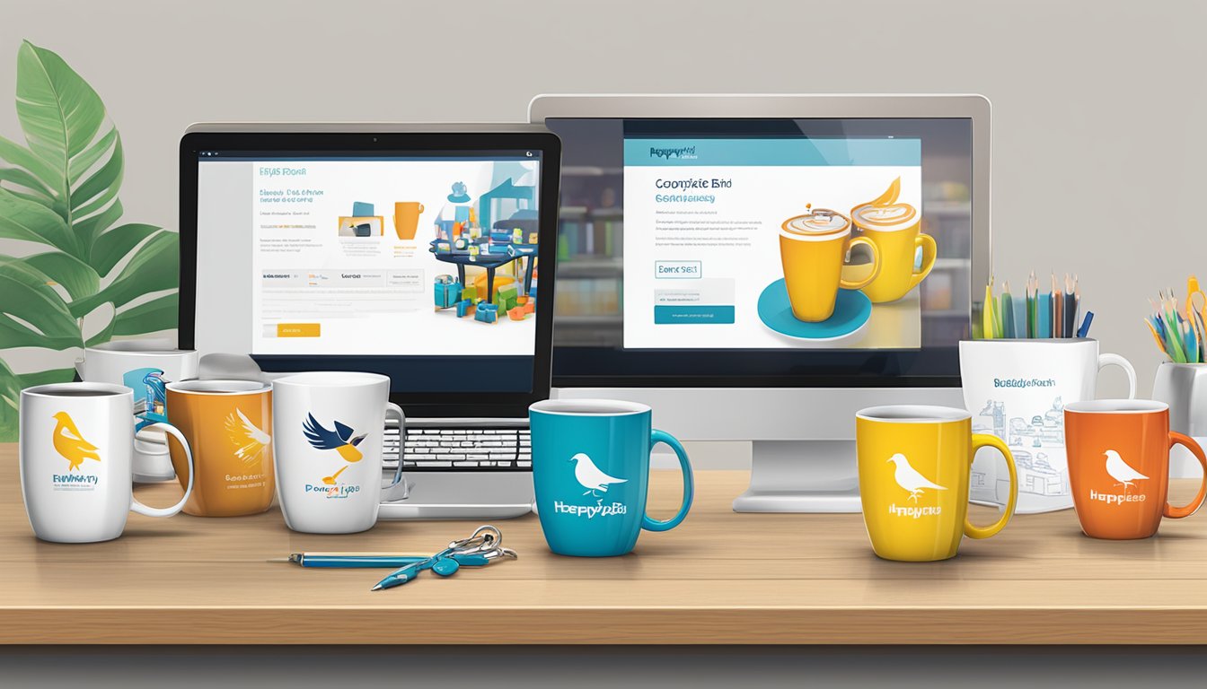 A table displaying a variety of corporate gifts, including branded mugs, notebooks, and keychains, with the Happybird Pte Ltd logo prominently featured