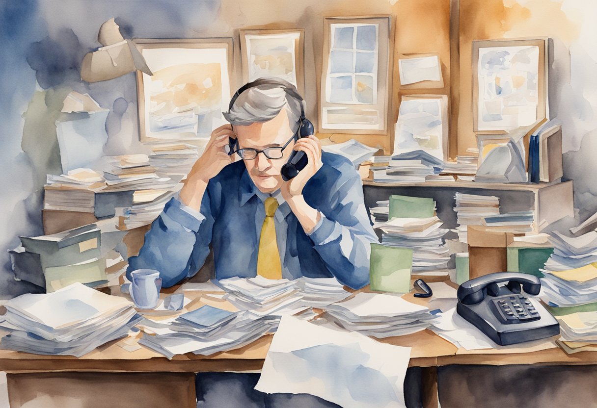 A cluttered desk with scattered papers, a ringing phone, and a stressed individual with their head in their hands