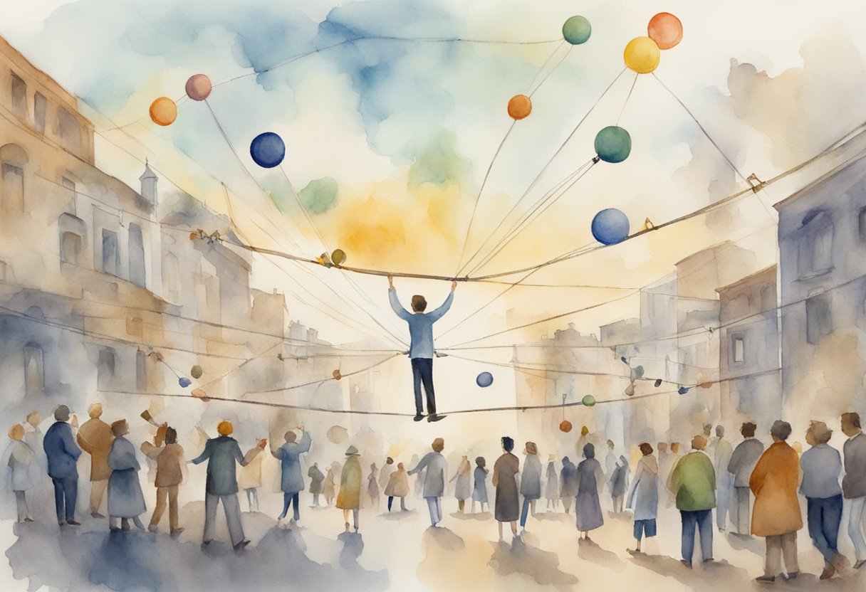 A person juggling multiple objects while walking on a tightrope, surrounded by various people and tasks pulling them in different directions