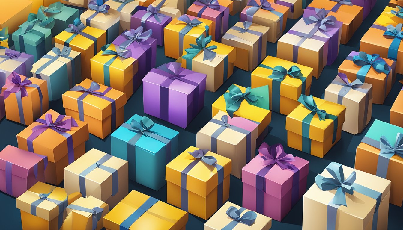 A colorful array of corporate gifts being packed into sturdy boxes, ready for shipping. Happybird Pte Ltd's logo prominently displayed on each item