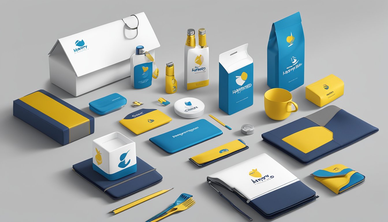 A group of corporate gifts displayed on a sleek, modern table. A logo of Happybird Pte Ltd is prominently featured on the items