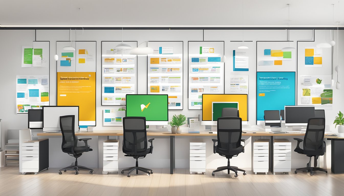 A wall of customer testimonials and positive reviews for Happybird Pte Ltd's corporate gifts, displayed in a modern office setting