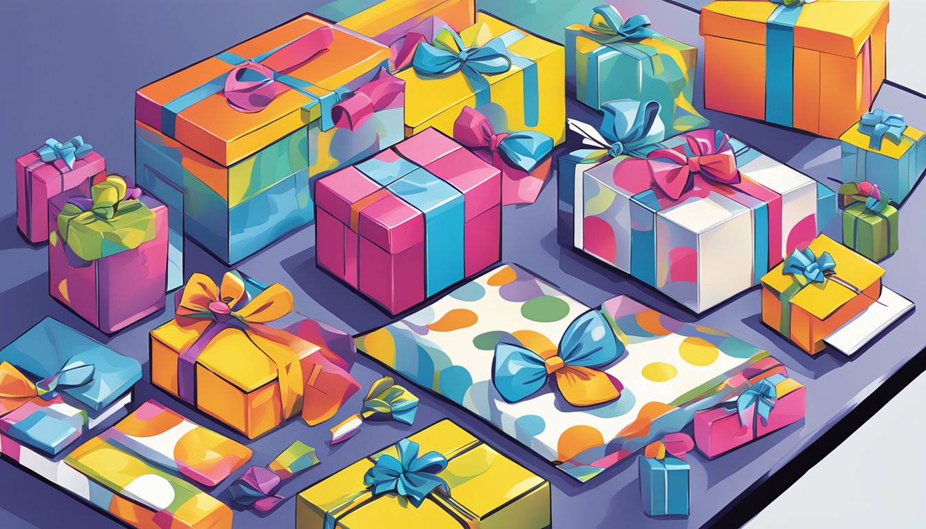 A colorful array of corporate gifts displayed on a sleek, modern table with the Happybird Pte Ltd logo prominently featured