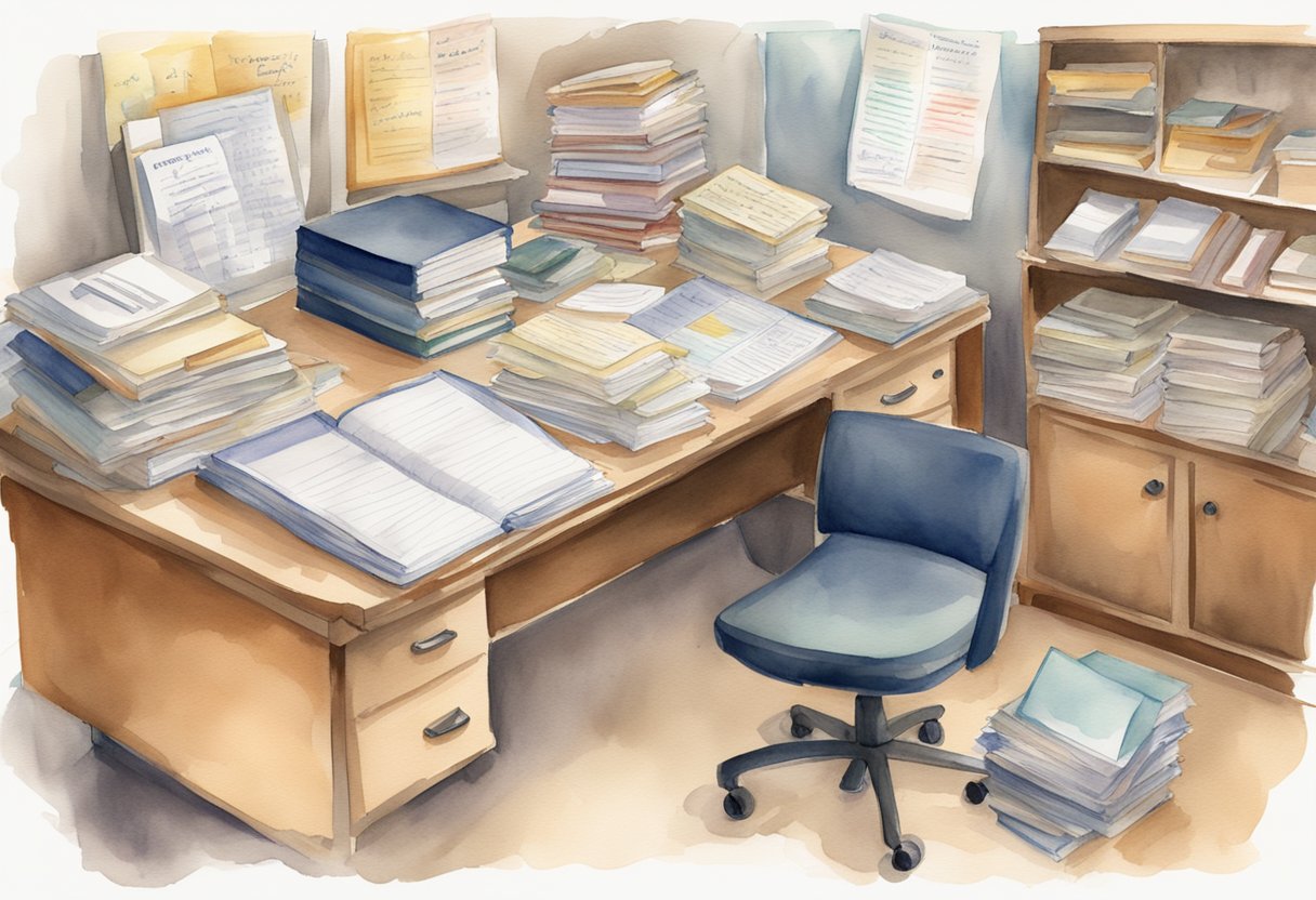 A cluttered desk with a neatly organized file system, a prominently displayed mission statement, and a checklist of tasks completed and pending