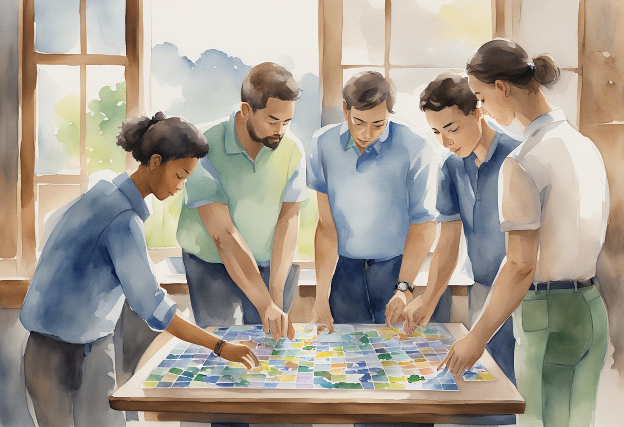 Team members stand around a table, each holding a piece of a puzzle. They are focused and engaged, communicating and collaborating to complete the puzzle together