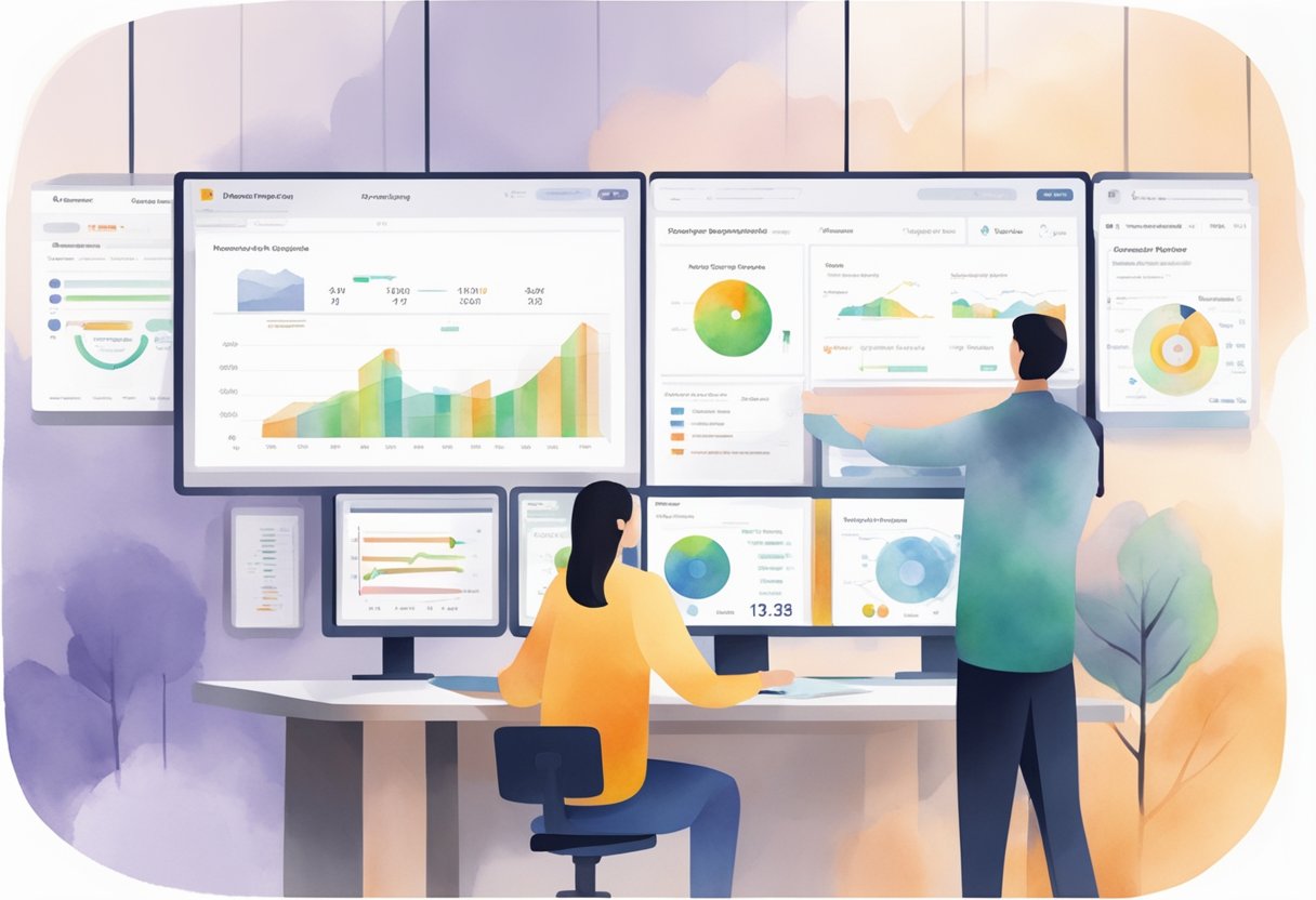 Employees' performance tracked on a digital dashboard with metrics and targets displayed. A manager reviews reports and adjusts goals accordingly