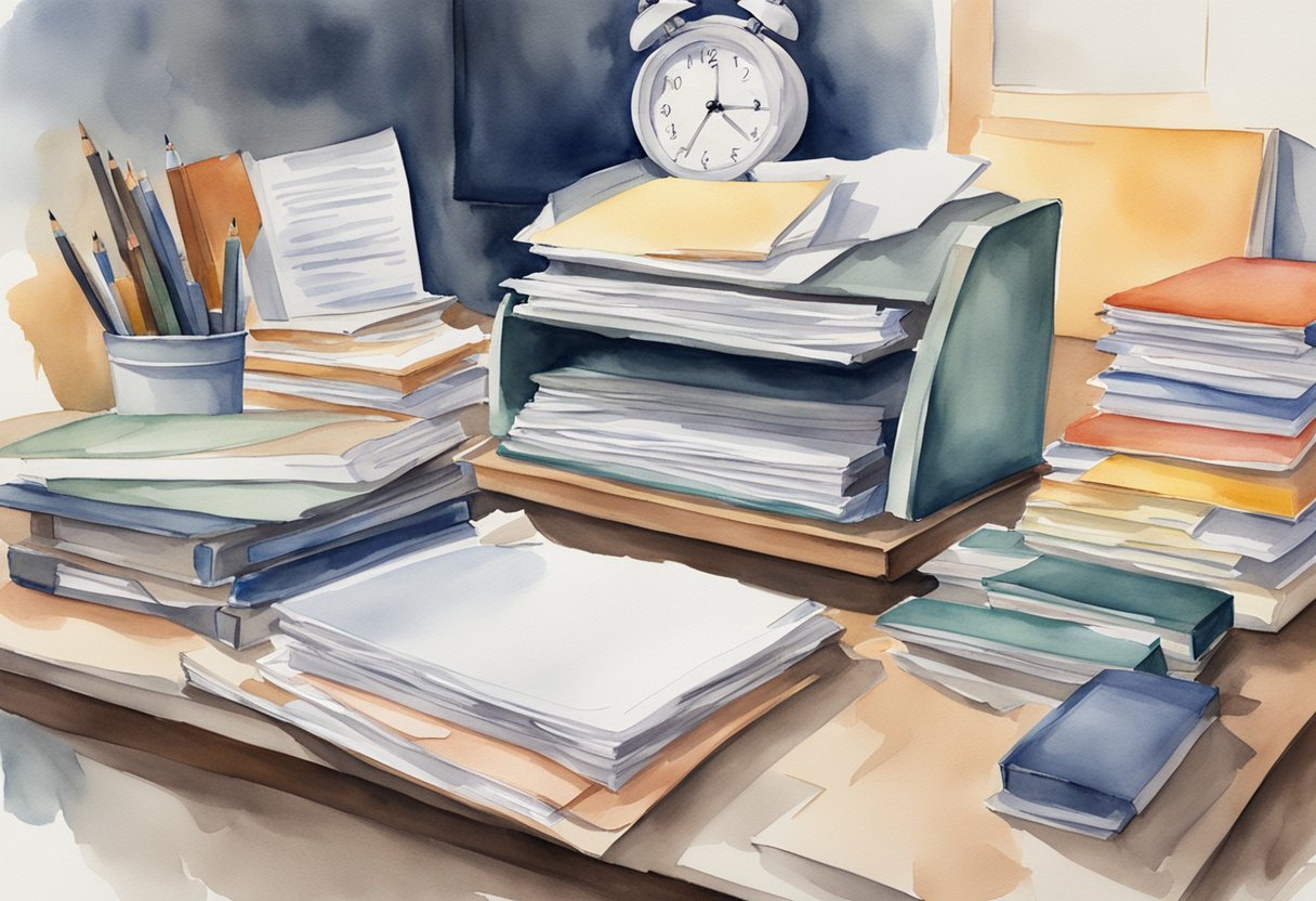 A cluttered desk with overflowing files, a clear desk with organized folders. A clock showing deadlines, a checklist with completed tasks