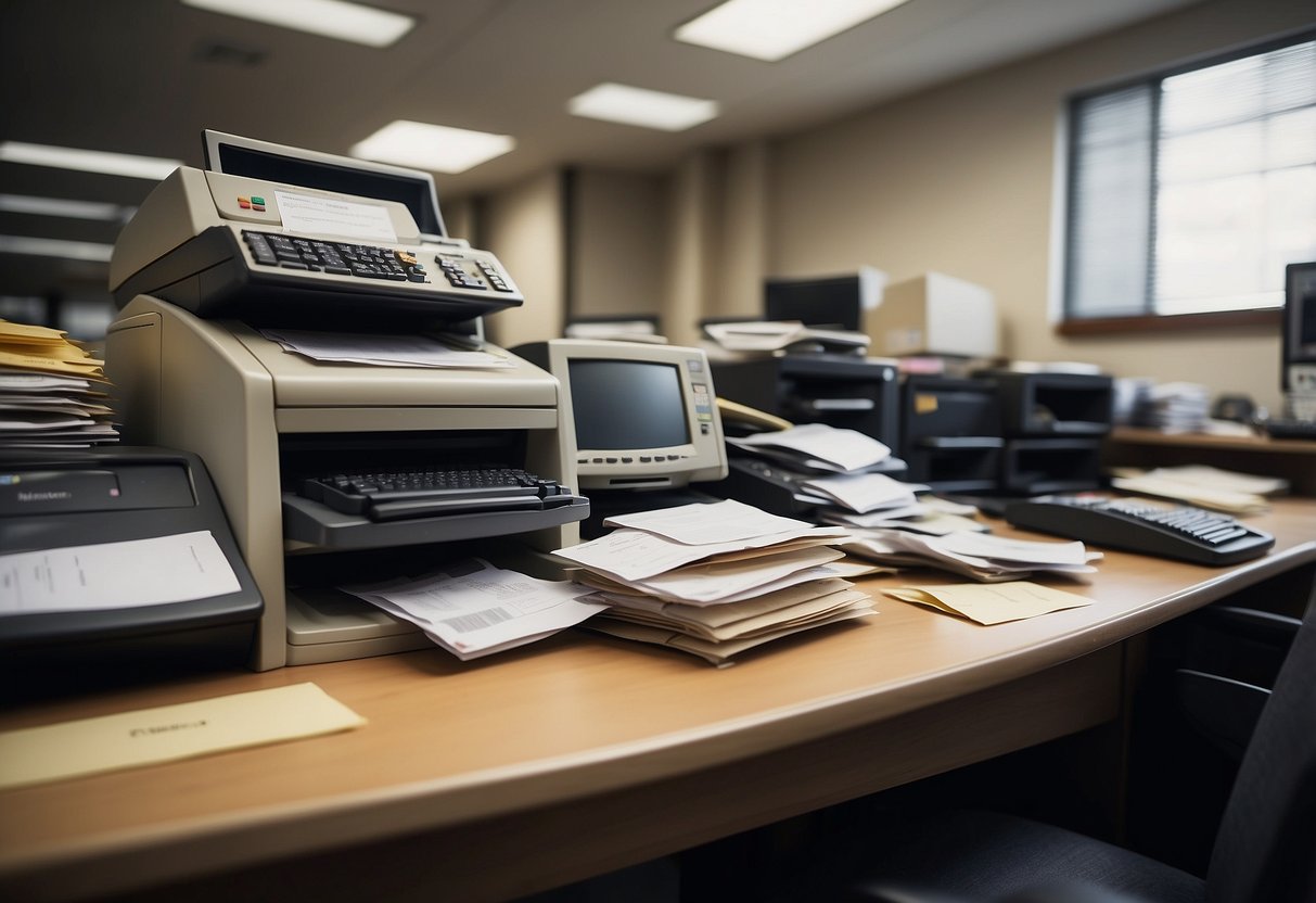 A deserted office space with neglected equipment and outdated technology, contrasted with a pile of unopened mail and unpaid bills