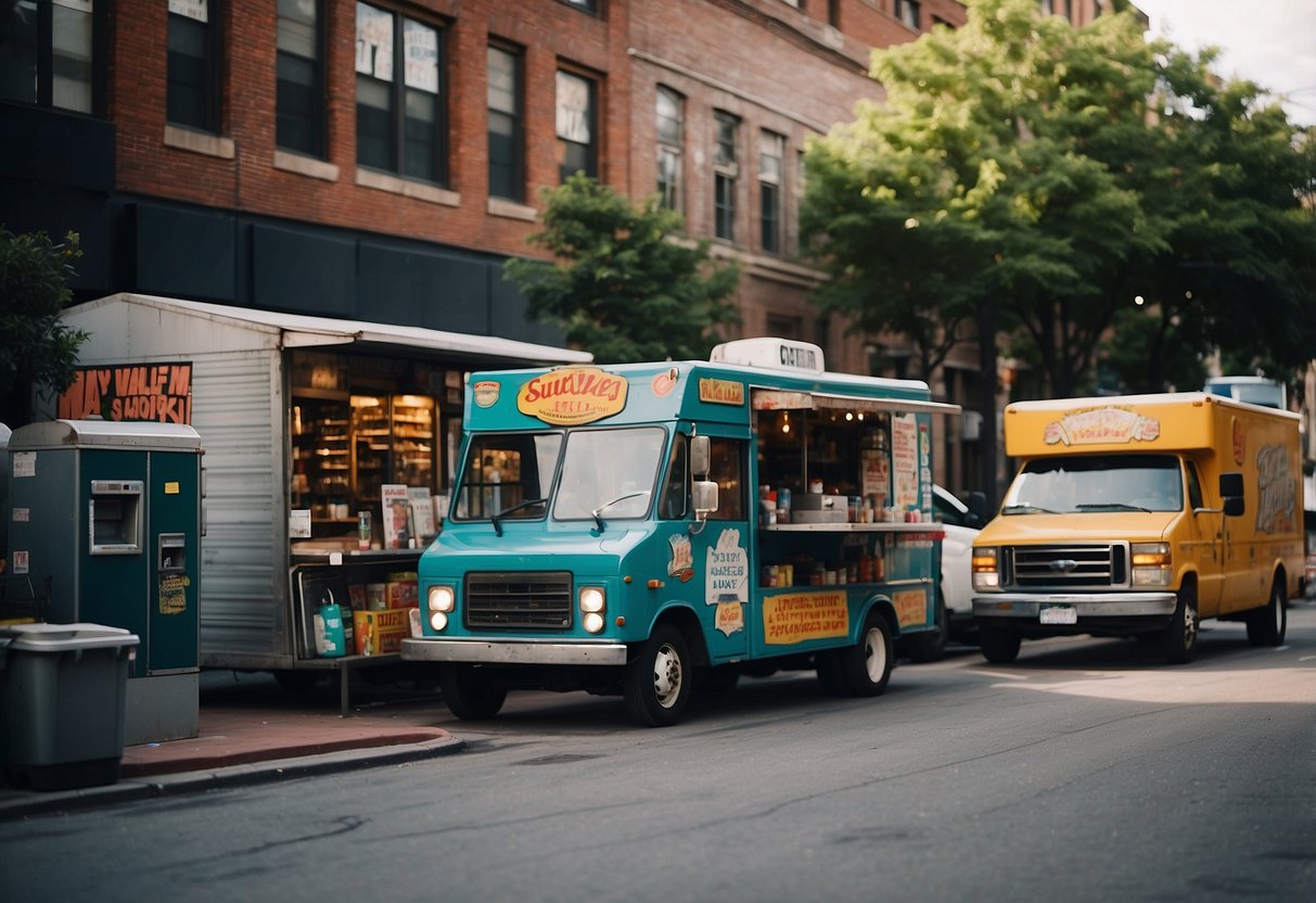 A busy street with various storefronts, each showcasing different absentee business ideas such as a food truck, a vending machine, and a mobile car wash