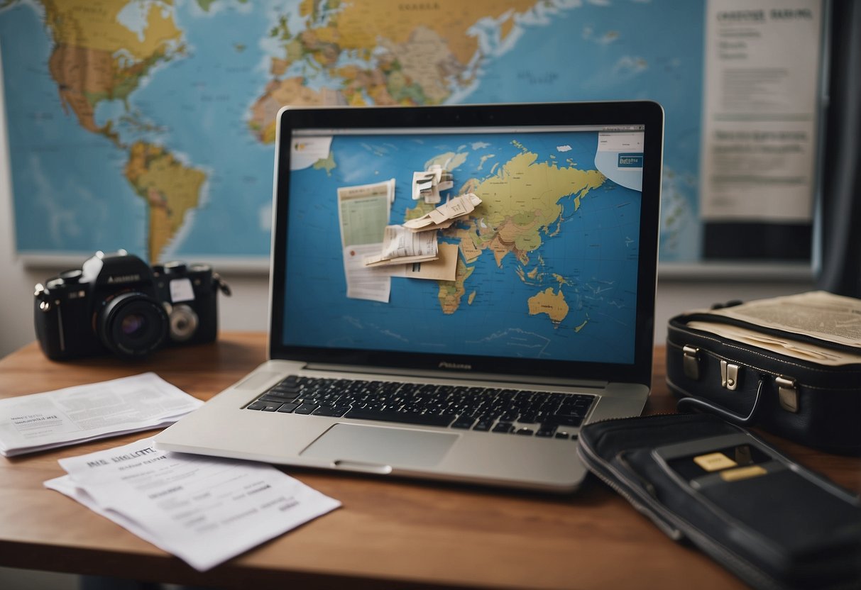 A suitcase, laptop, and business documents arranged on a desk. A world map and airplane tickets pinned to a bulletin board