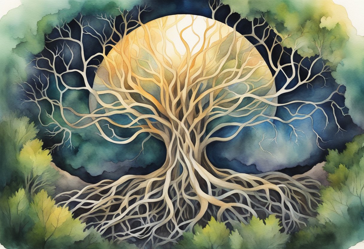 A tangle of roots intertwine, reaching deep into the earth, while a glowing orb radiates energy, symbolizing the power of the subconscious mind