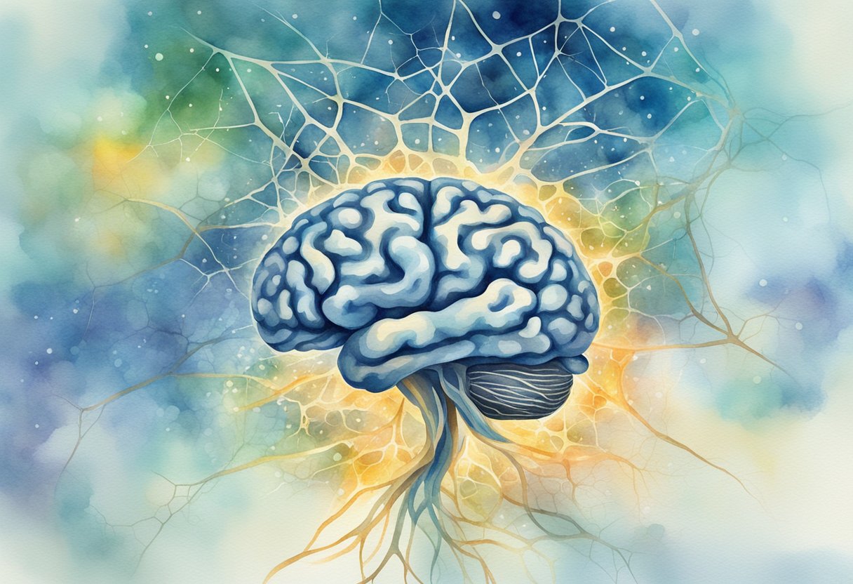 A brain surrounded by glowing neurons, emanating energy and light, with a web of interconnected thoughts and ideas flowing into it