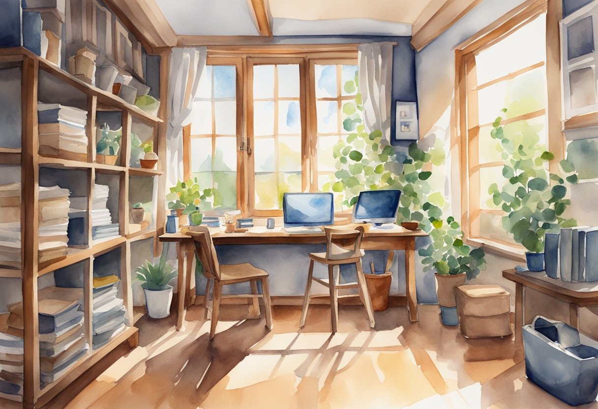 A tidy room with open windows, organized desk, and clutter-free surfaces. Sunlight streams in, creating a peaceful atmosphere