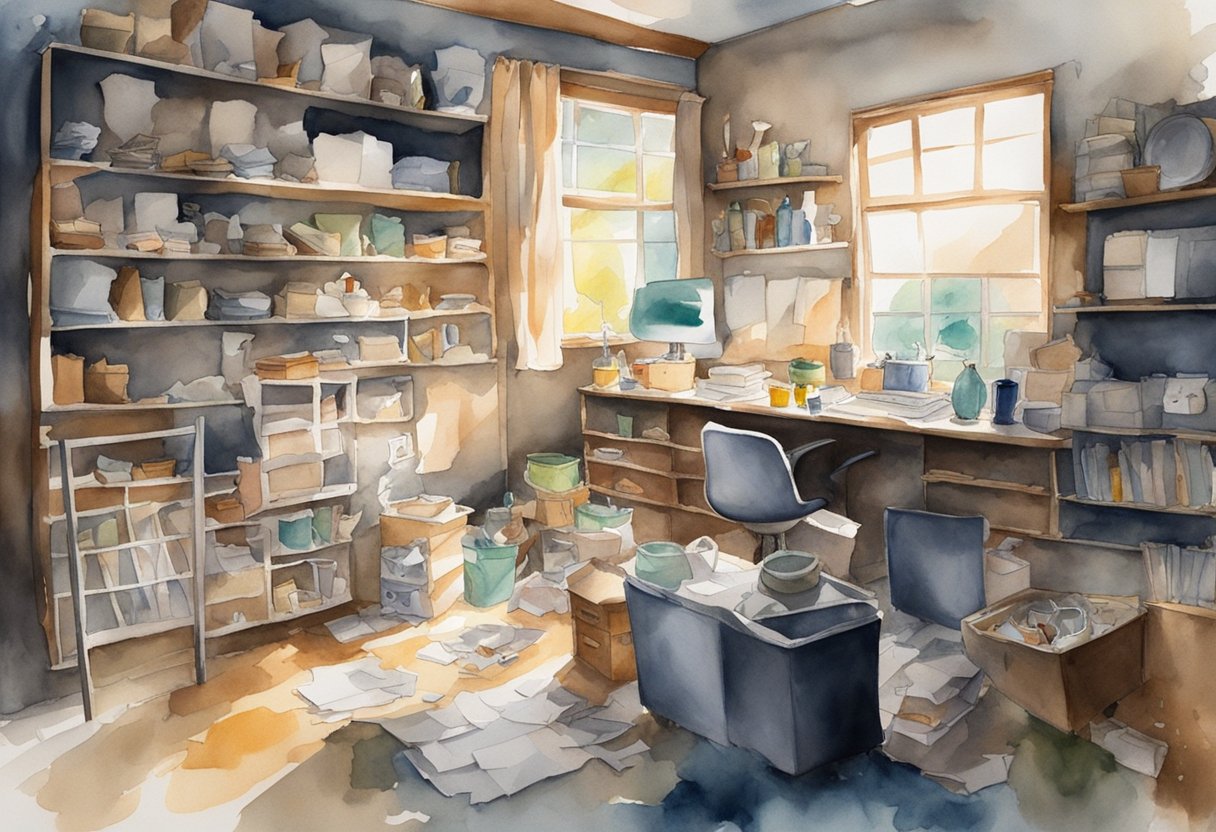 A cluttered room with scattered items, dusty surfaces, and disorganized shelves. Sunlight struggles to penetrate the mess, creating a feeling of heaviness and chaos