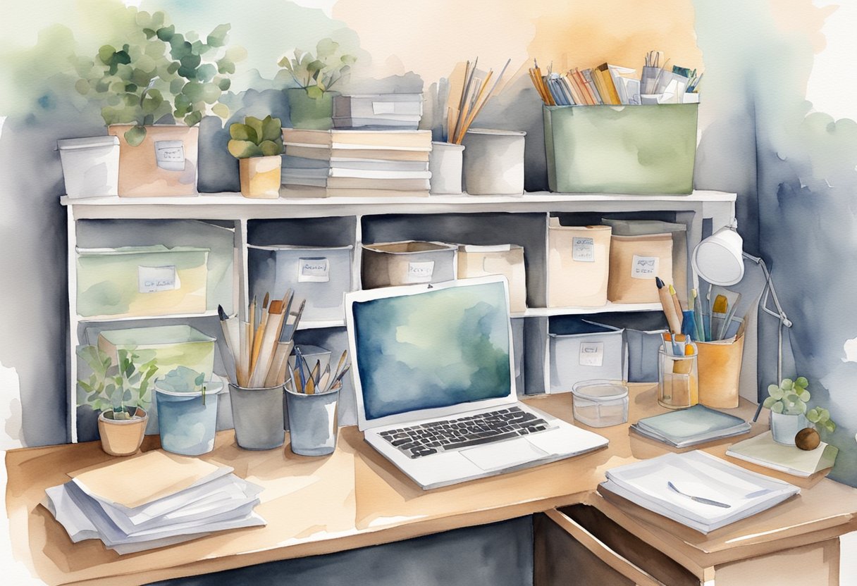 A cluttered room transformed into an organized space with labeled storage bins and a clear desk, creating a sense of calm and order