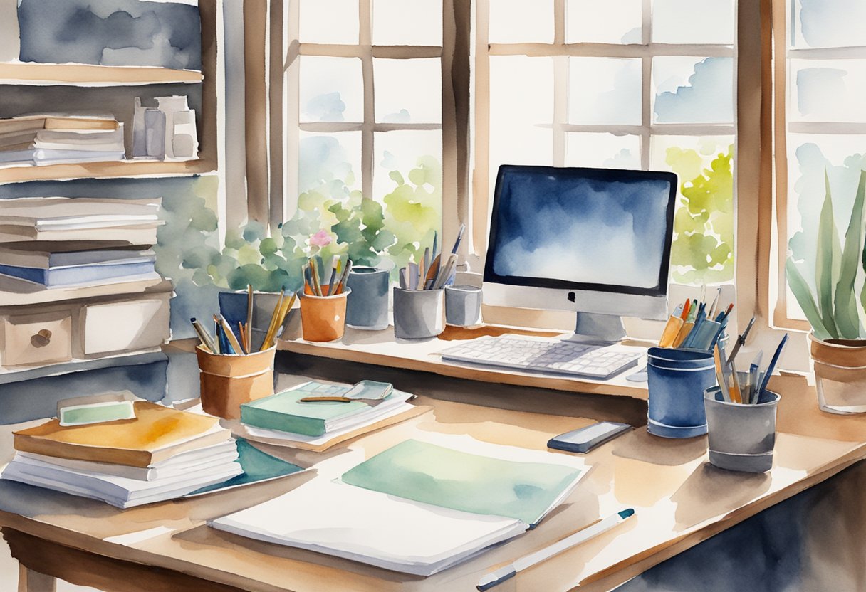 A tidy desk with organized supplies, a clear workspace, and a clutter-free environment. Open windows let in natural light, bringing a sense of calm and focus to the space