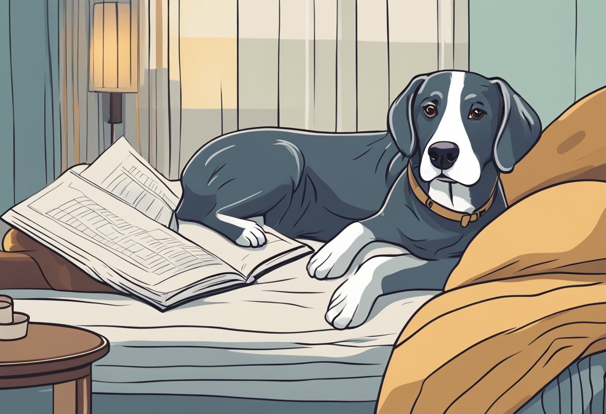 A senior dog rests on a cozy bed while a person reads a pet insurance guide. A thoughtful expression on the dog's face suggests consideration of coverage options