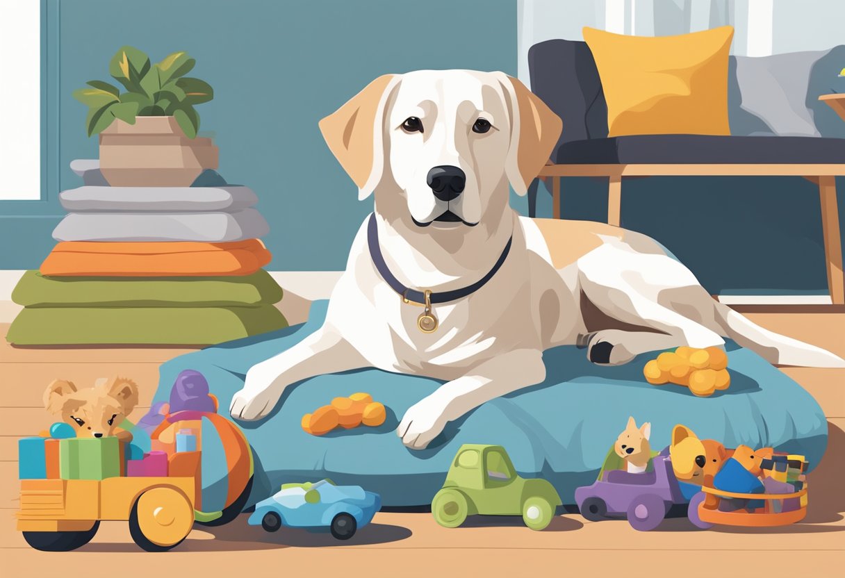 A senior dog rests comfortably on a cozy bed, surrounded by their favorite toys and treats. A pet insurance brochure sits nearby, showcasing the benefits of senior dog insurance in Australia