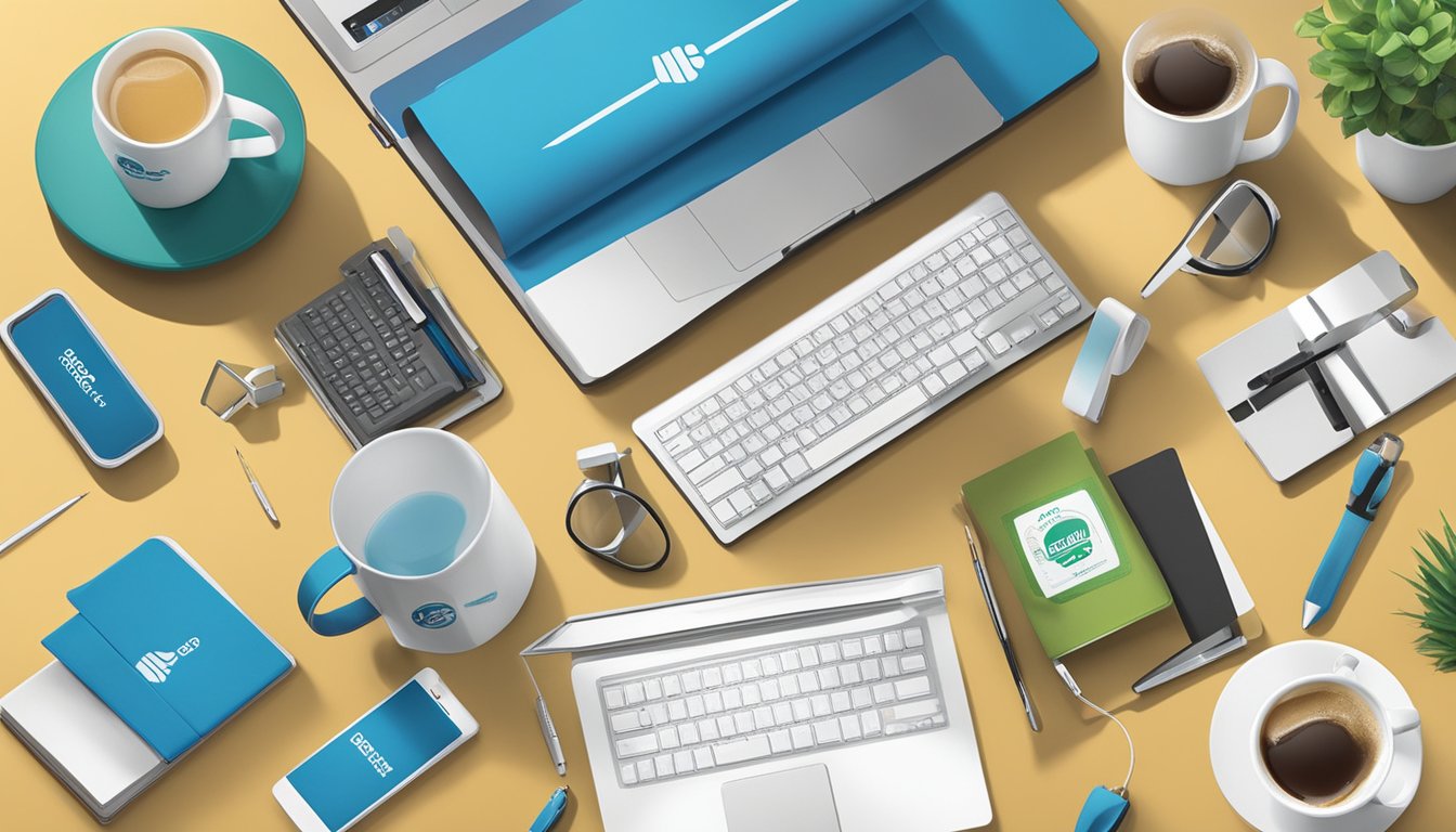 A table with various corporate gifts displayed, including branded mugs, notebooks, and tech accessories. Company logo prominently featured