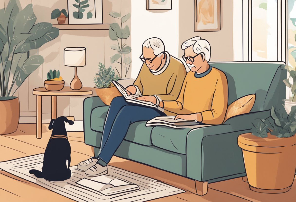 A senior dog owner carefully reviewing pet insurance options with a guidebook in hand, surrounded by a cozy living room setting with their beloved pet by their side