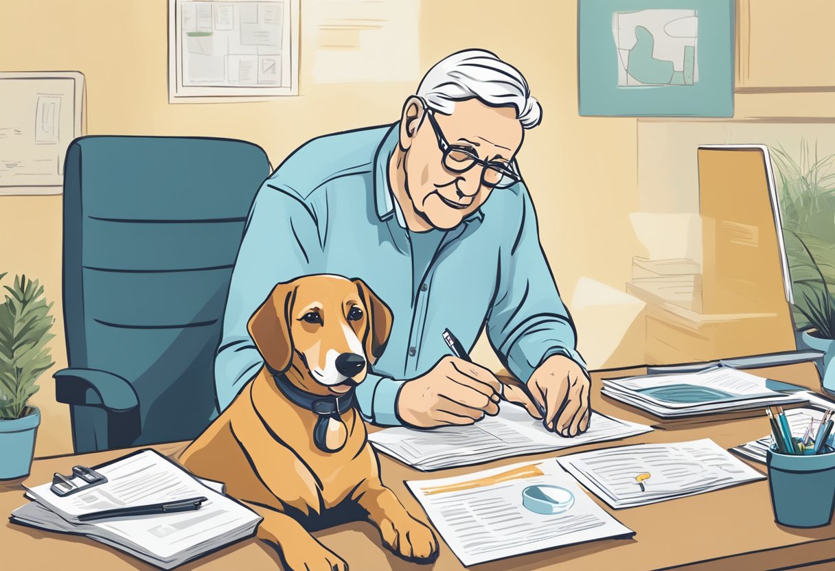 A senior dog owner sits at a desk, comparing pet insurance options. Papers and brochures are spread out as the owner carefully considers their choices