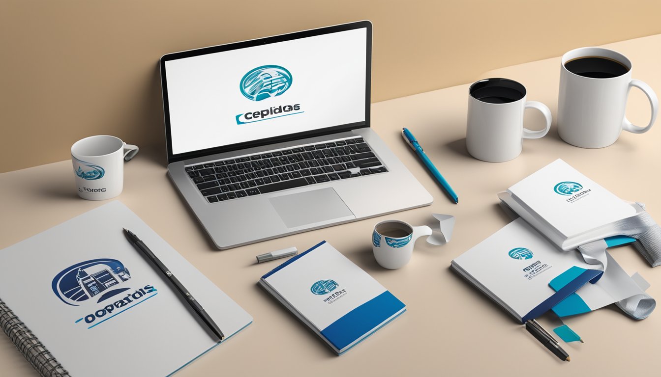 A table with branded corporate gifts like mugs, pens, and notebooks. Company logo displayed prominently. Clean, professional setting