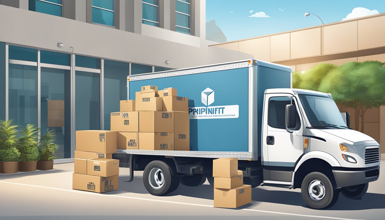 A delivery truck unloading boxes at a corporate office. A shipping label with the PrintnGift Pte Ltd logo is visible on the packages