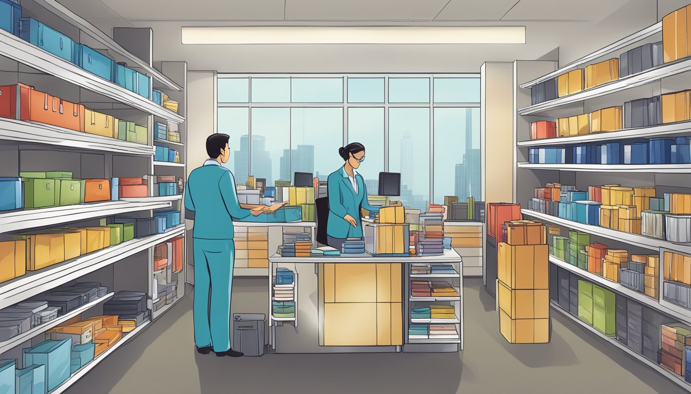 A group of corporate gifts displayed on shelves, with a customer service representative assisting a client in a modern and professional setting